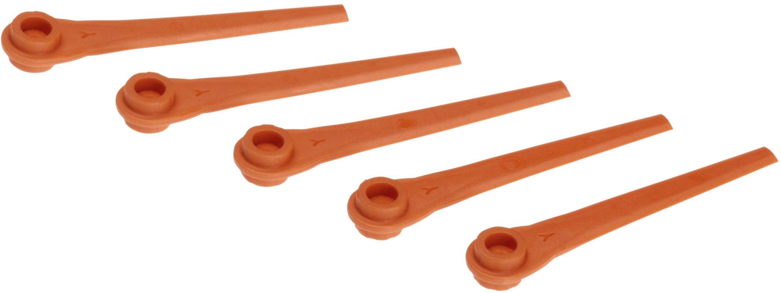 Fünf orange Kunststoffmesser für einen Rasentrimmer, gleichmäßig nebeneinanderliegend.