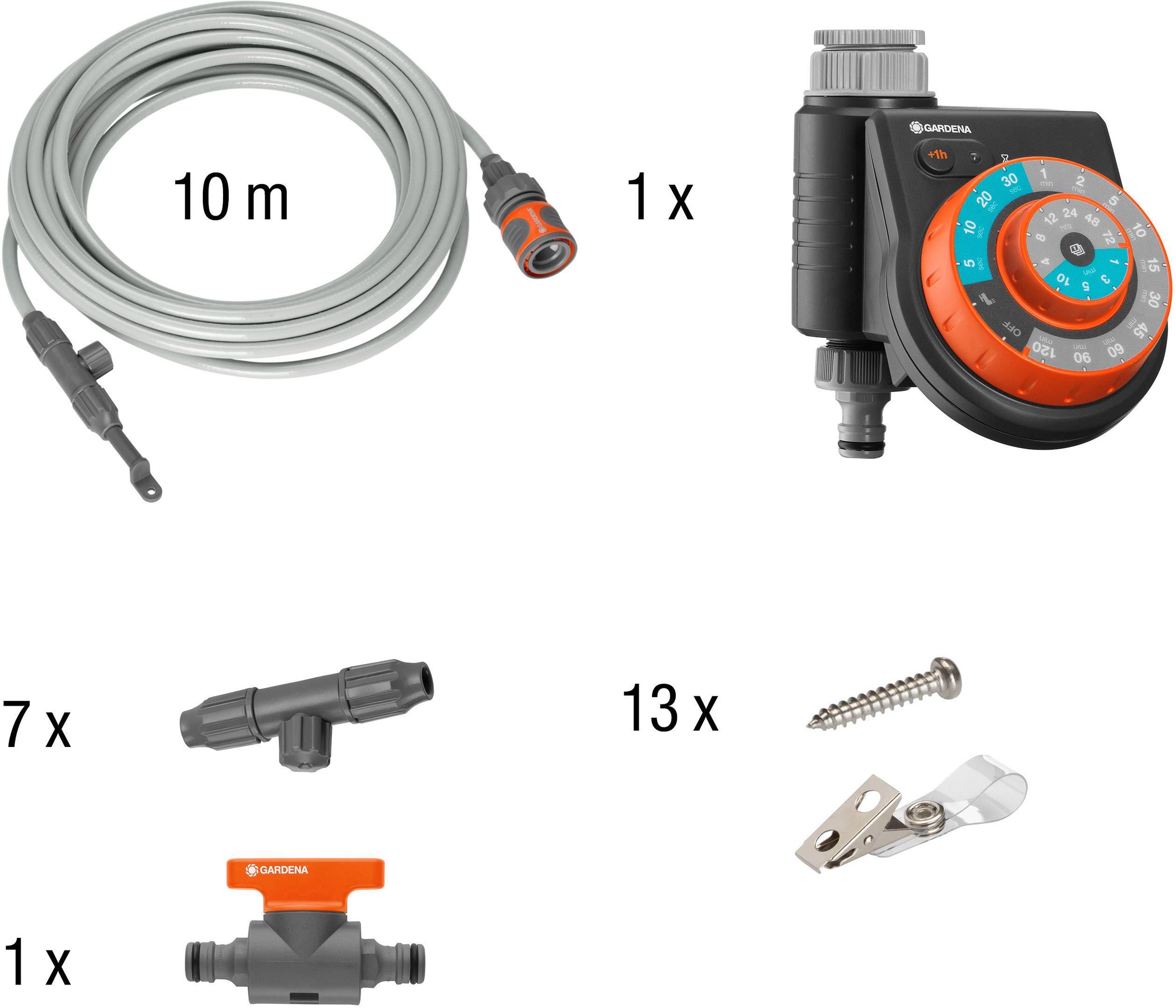 GARDENA Bewässerungs-Set: 10 m Schlauch, 1 Bewässerungsuhr, 7 Verbindungsteile, 13 Schrauben und Haken. Für einfaches Gartenbewässerungssystem.