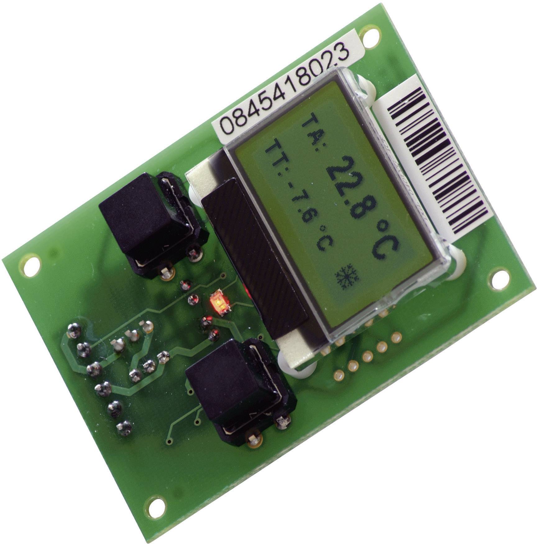 Kleines elektronisches Display auf einer Platine zeigt 'TA: 22.8°C' und 'TI: 19.8°C'. Komponenten und Schaltkreise sichtbar.