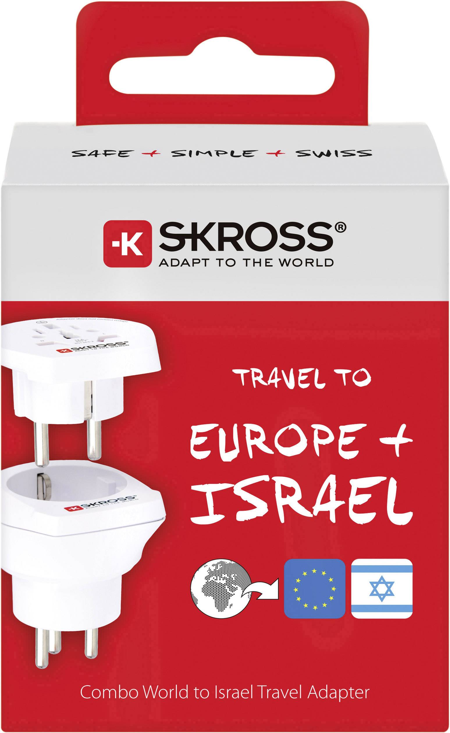 Reiseadapter für Europa und Israel. Skross-Logo oben, Bild eines weißen Adapters mit EU- und Israel-Stecker.