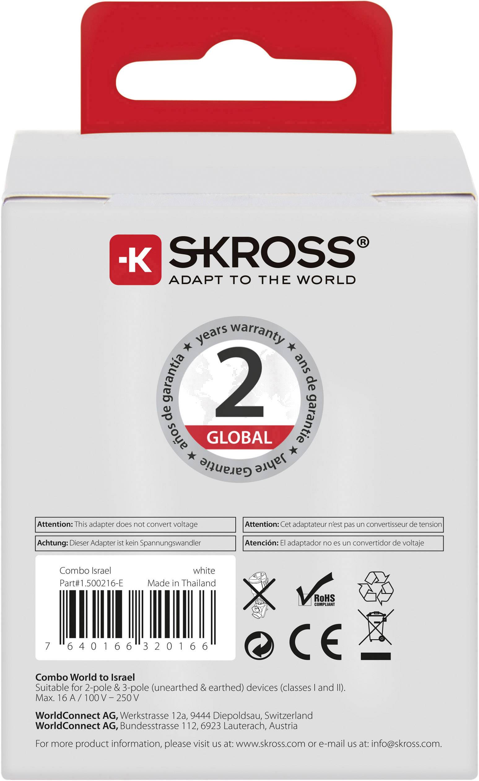 Verpackungsrückseite eines Reisesteckers von SKROSS mit Aufschrift '2 Jahre Garantie' und 'Combo World to Israel', inklusive CE-Zeichen.
