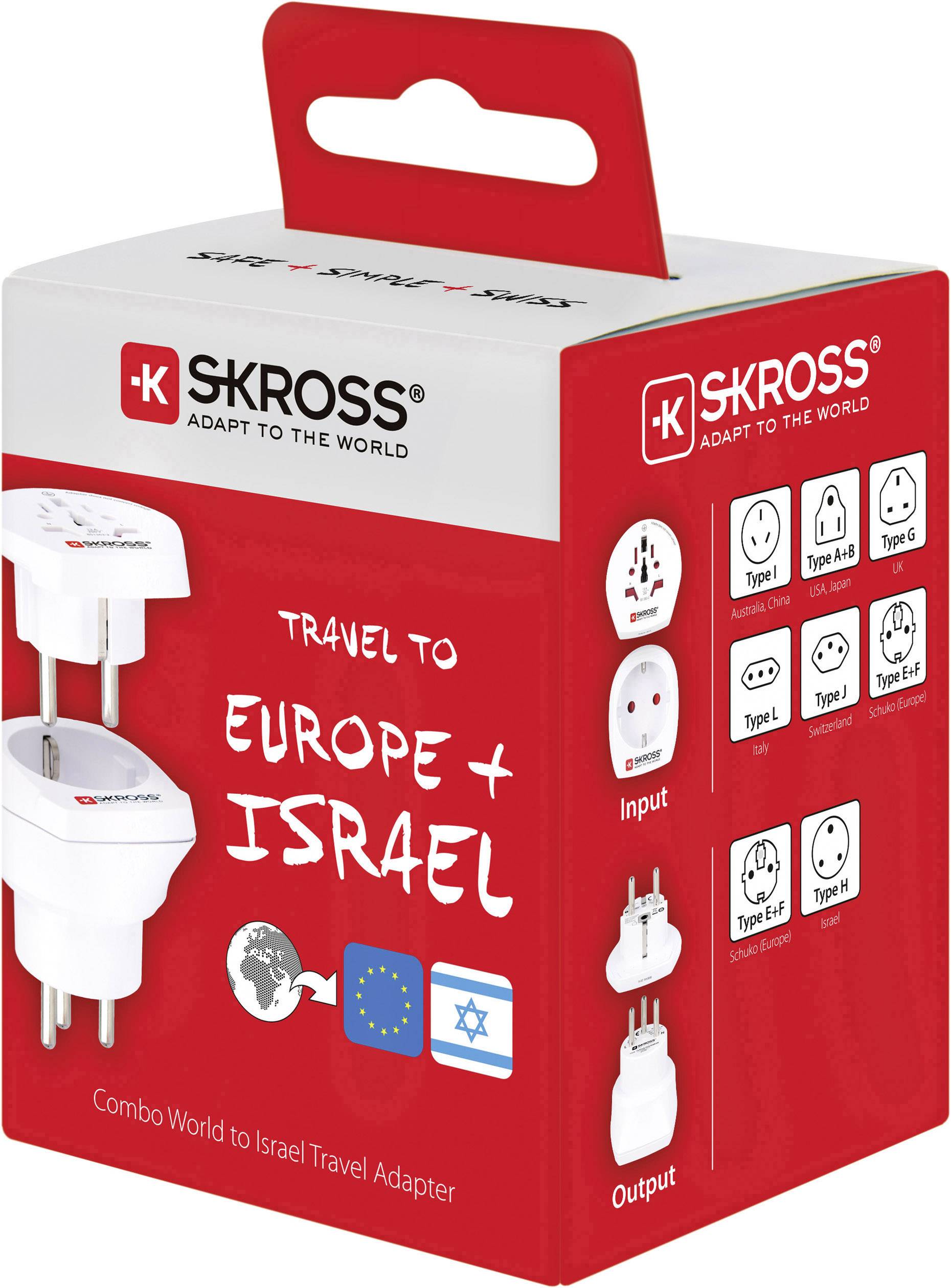 Weiße Reisesteckdose von SKROSS, passend für Europa und Israel, verpackt in roter Box. Verpackung zeigt Steckdosenarten und Flaggen.