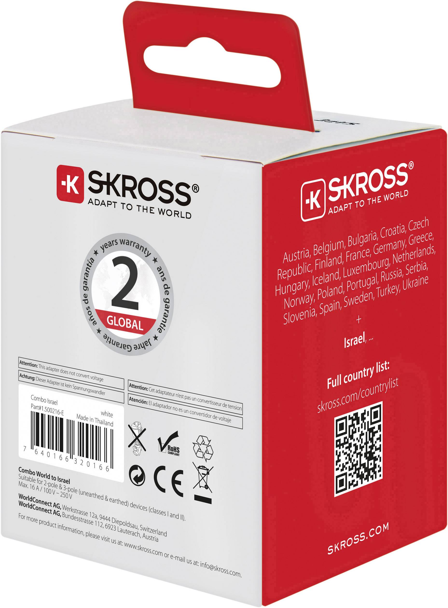Reiseadapter-Verpackung der Marke 'SKROSS' mit weltweitem Nutzungsbereich. Liste der Länder sowie Hinweise zur Kompatibilität sind angegeben.