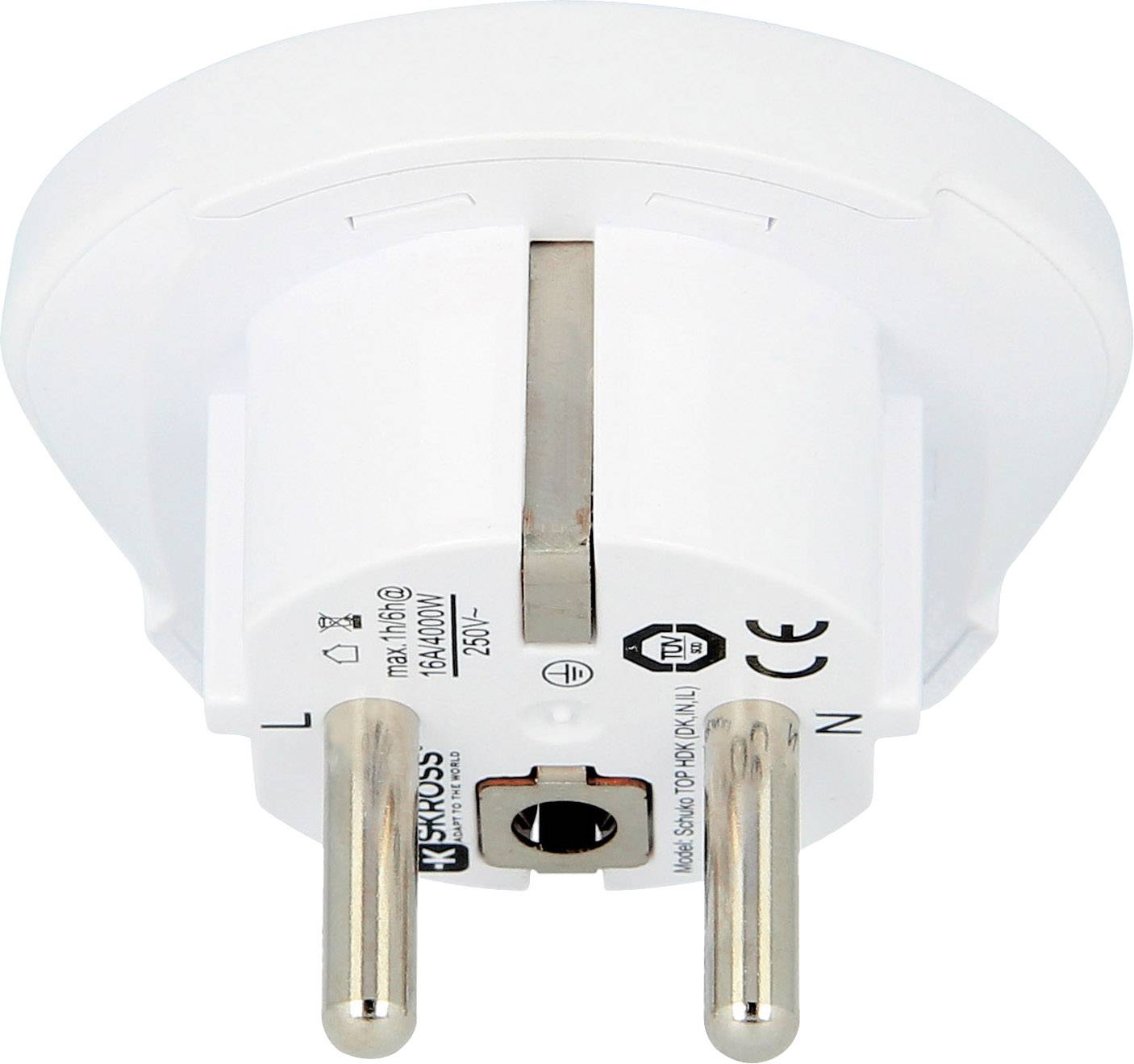 Weißer Adapter-Stecker für deutsche Steckdosen, mit zwei Steckkontakten, ideal zum Reisen oder Umwandeln von Steckerformaten.