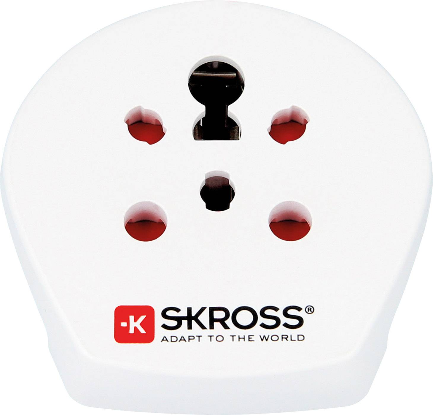 Reisestecker von SKROSS, geeignet für den weltweiten Einsatz, weiße Farbe mit Logo und dem Slogan 'Adapt to the World'.