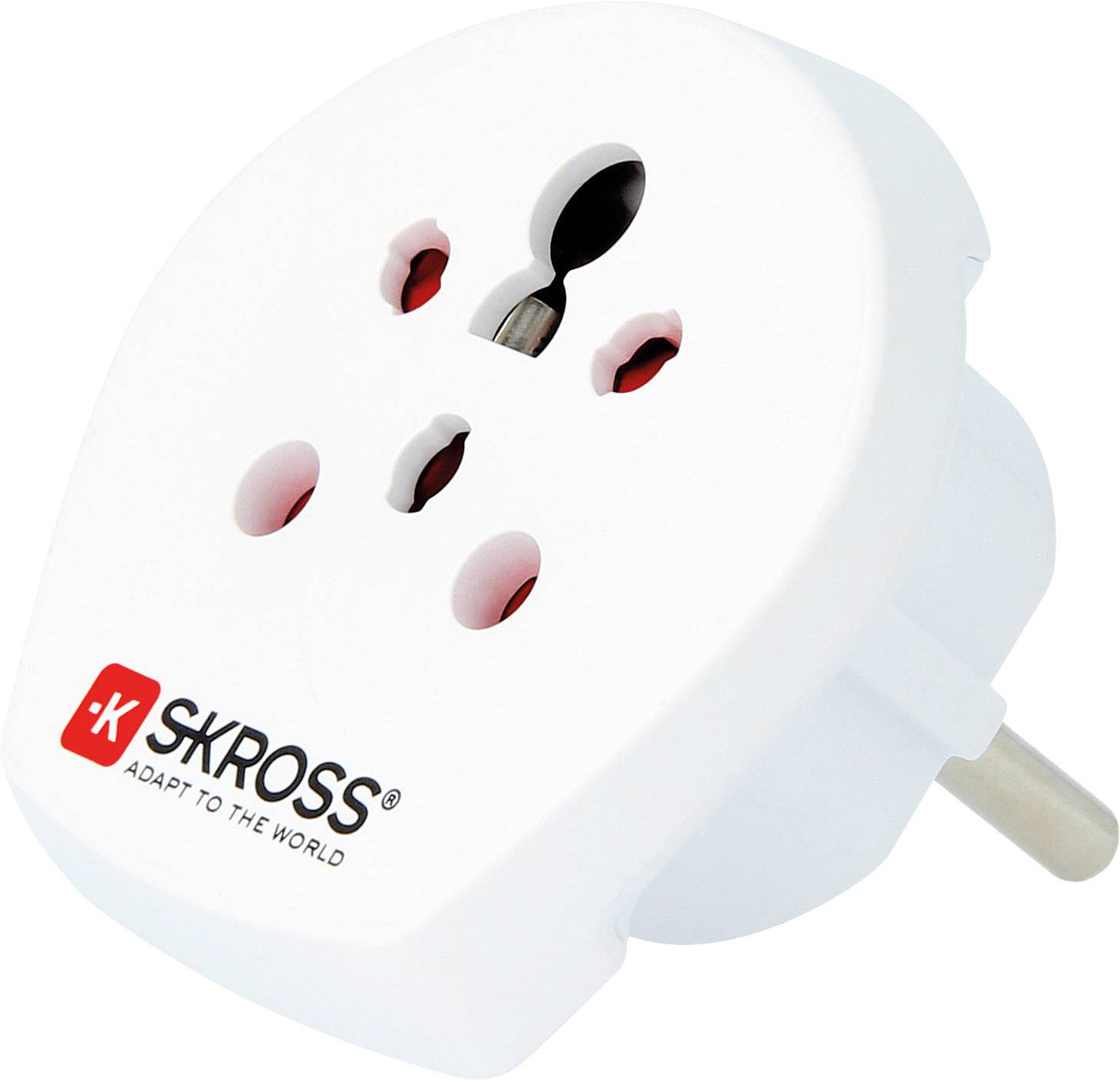 Ein universeller Reiseadapter mit mehreren Steckdosen und dem Logo 'SKROSS Adapt to the World', geeignet für den weltweiten Gebrauch.