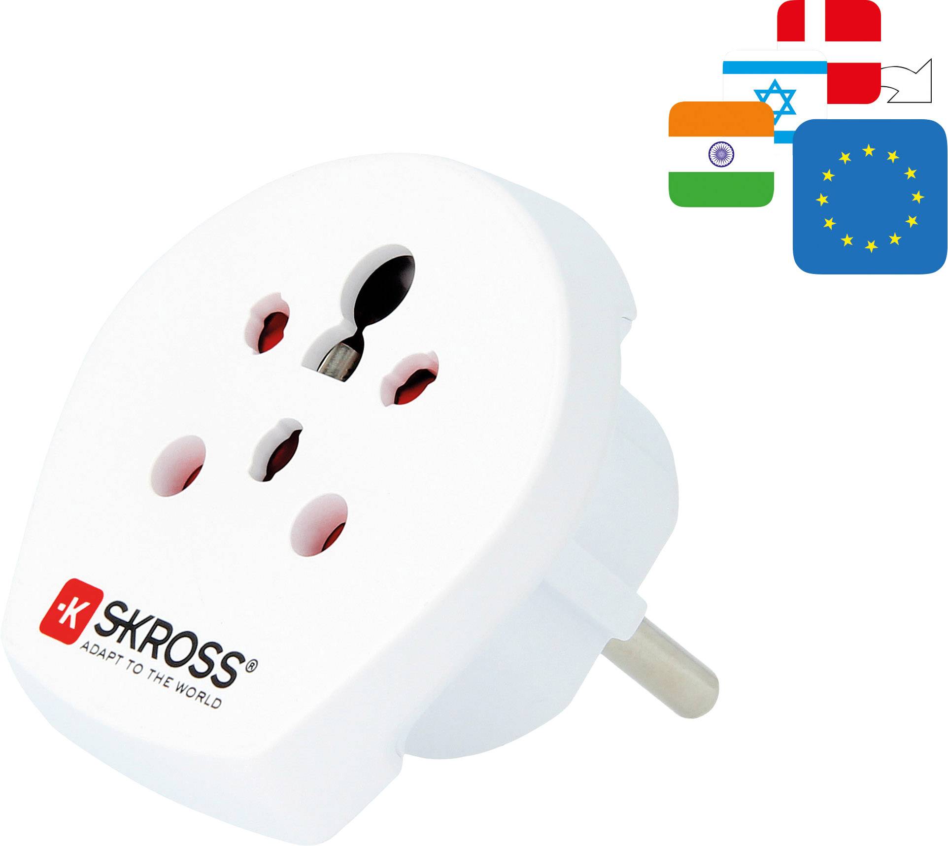 Ein Reiseadapter mit Aufdruck 'Adapt to the world', kompatibel mit Steckdosen aus Indien, Israel und der EU. Markenlogo sichtbar.