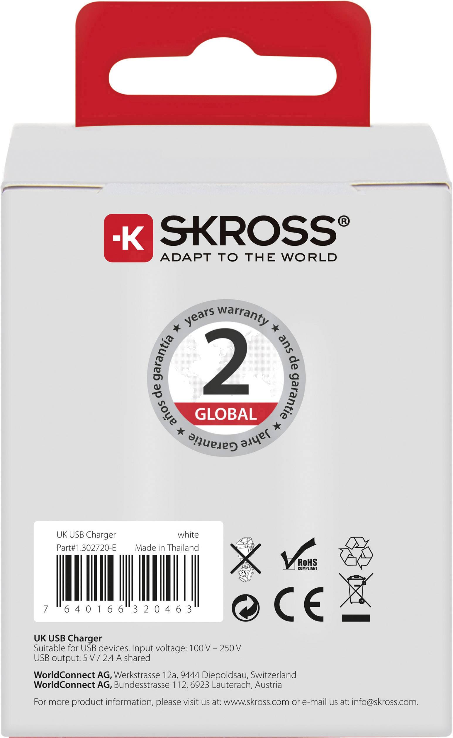 Skross 1.302720-E USB-Ladegerät Steckdose Ausgangsstrom (max.) 2.4A 2 x USB