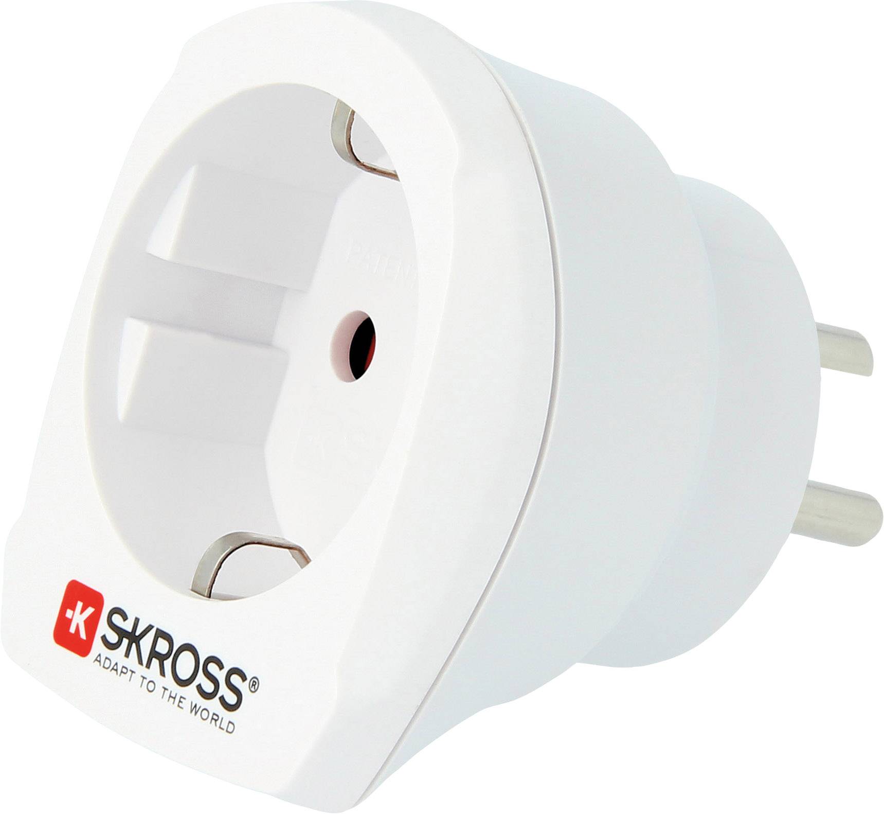 Weiße Reiseadapter-Steckdose mit zwei Steckplätzen, europäische Stecker, Markenlogo 'SKROSS' unten links, für internationale Stromanschlüsse.