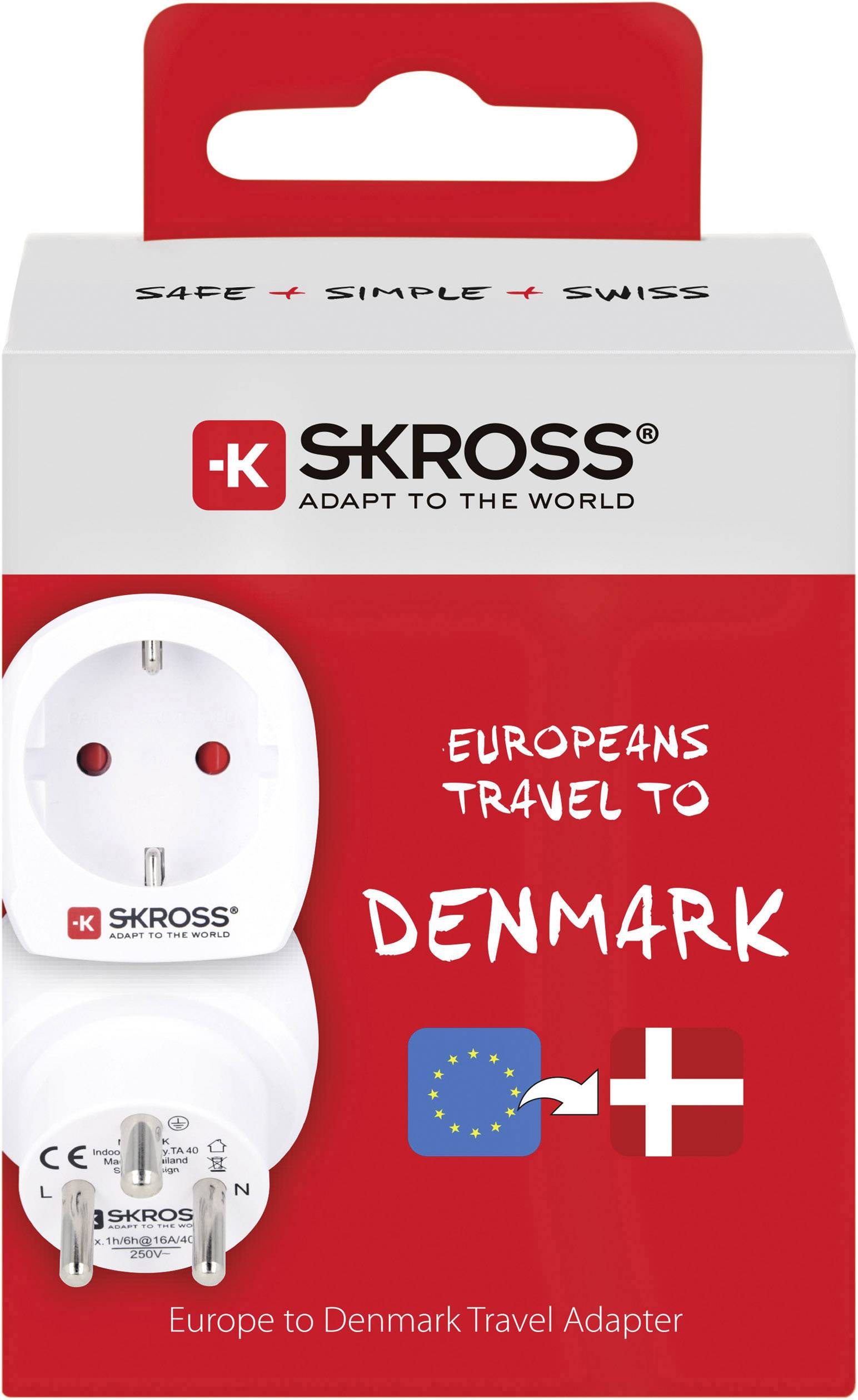 Reiseadapter-Verpackung zeigt Adapter für Europa nach Dänemark. Markenname 'SKROSS', Slogan 'Adapt to the world', Länderflaggen dargestellt.