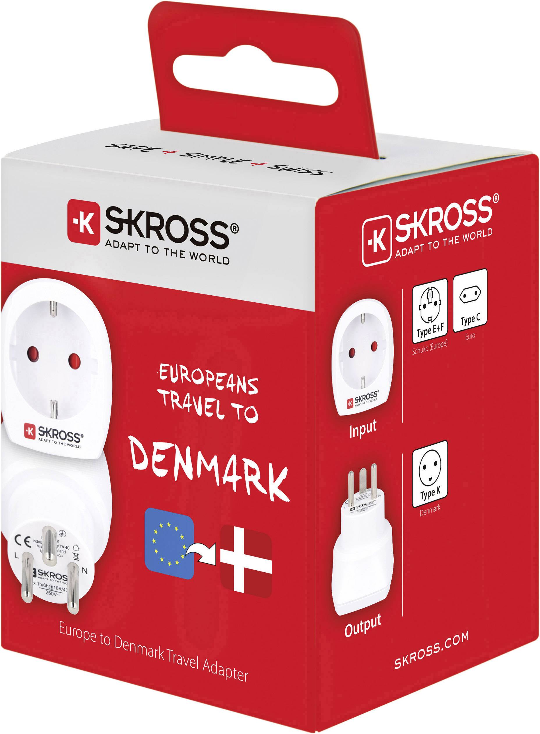 Reiseadapter-Verpackung 'SKROSS' für Dänemark. Rote Schachtel mit Abbildungen und EU- sowie dänischer Flagge, zeigt Typ-E- und Typ-K-Stecker.