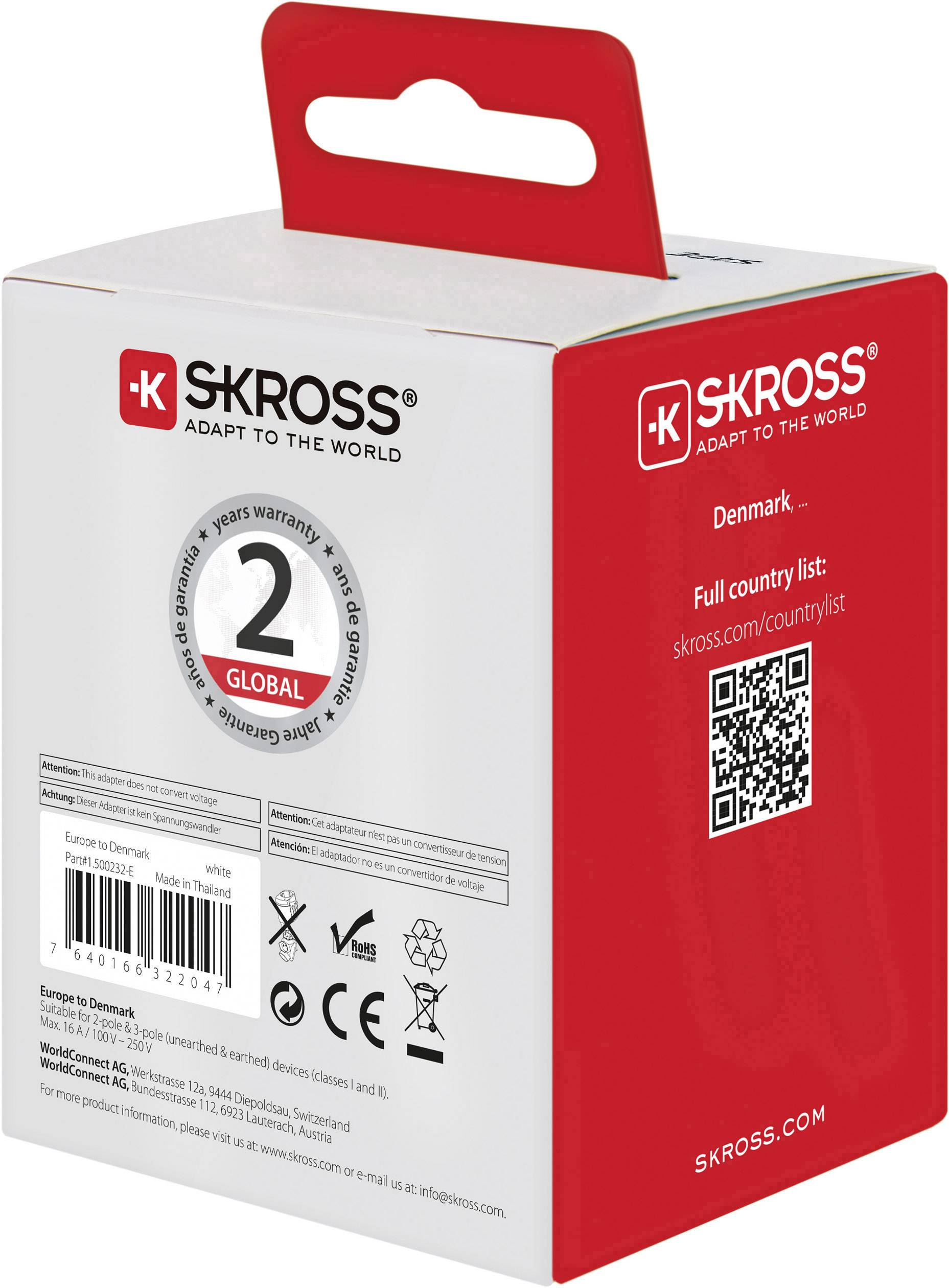 SKROSS Adapter für Dänemark, Global 2. Produktverpackung mit QR-Code zur Länderliste. Adapt to the World.