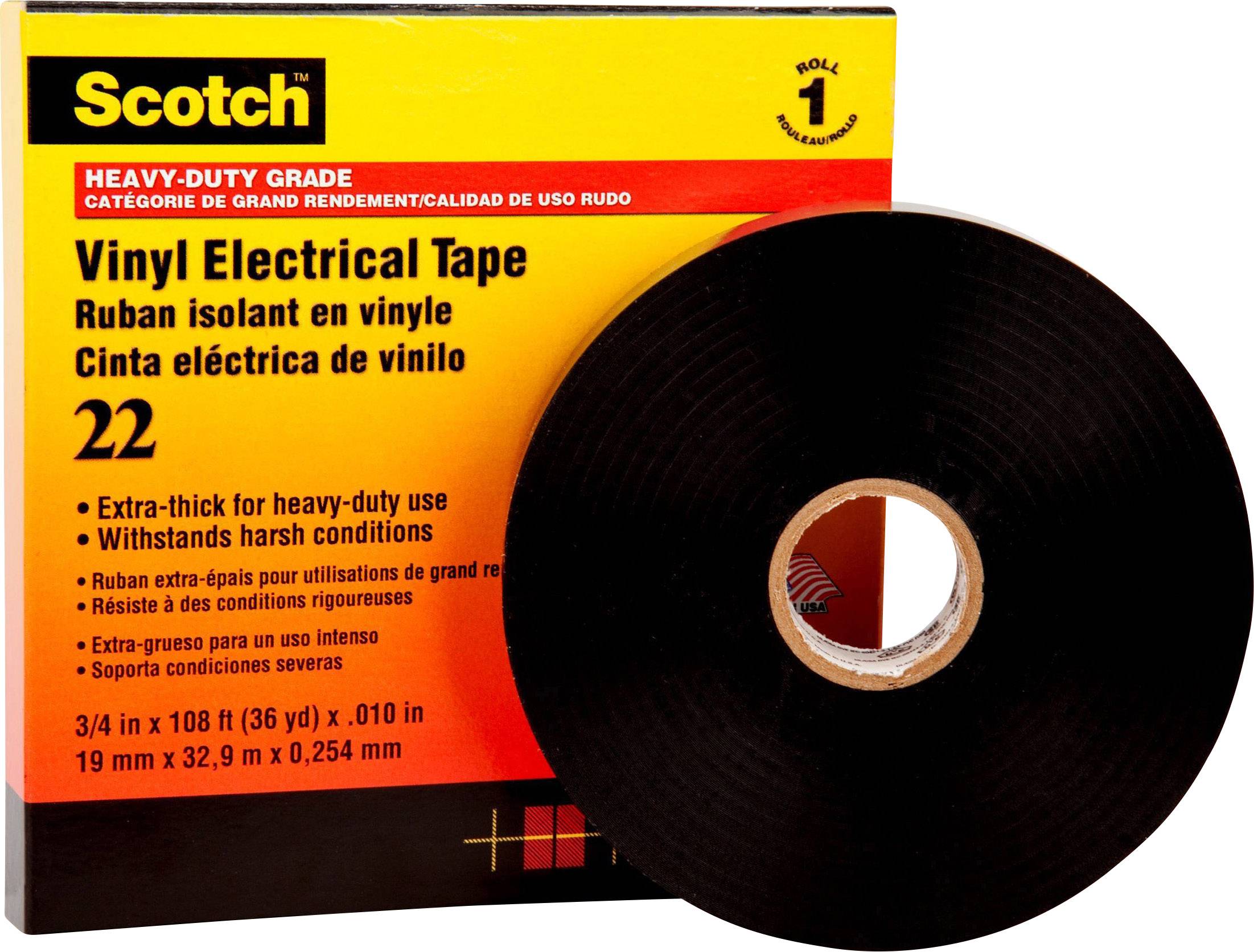 'Scotch Vinyl Electrical Tape' auf orange-gelber Schachtel mit schwarzem Klebeband-Rolle vorne. Text hebt langlebige Nutzung hervor.