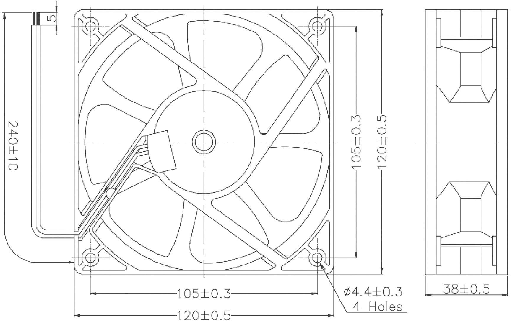 Technische Zeichnung eines quadratischen Lüfters mit Maßen: 120x120x38 mm; Bohrlöcher Ø4,4 mm. Ansichten von vorn und rechts.