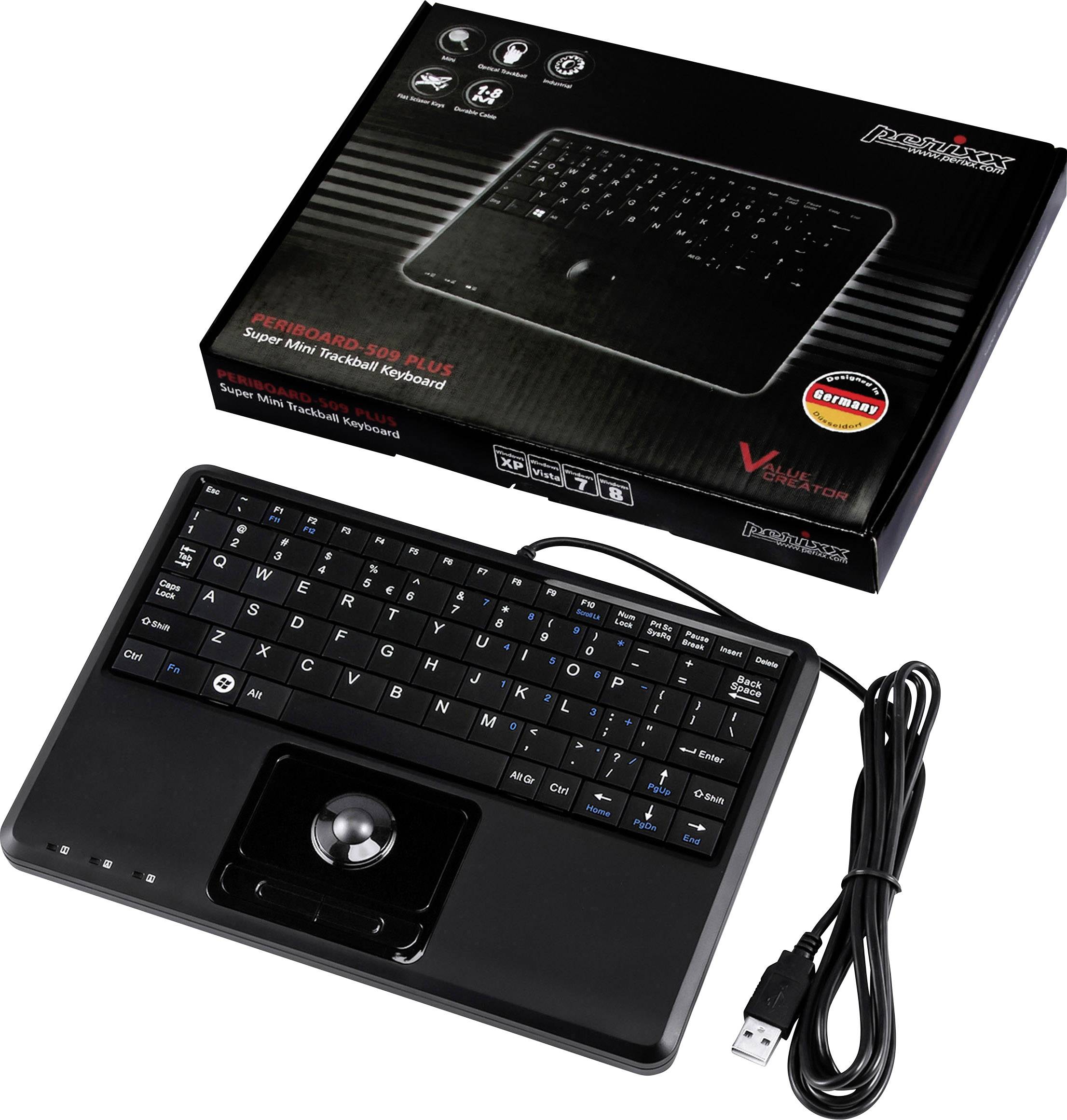 Perixx Periboard-509 H Plus USB Tastatur US-Englisch, QWERTY Schwarz Integrierter Trackball, Maustasten