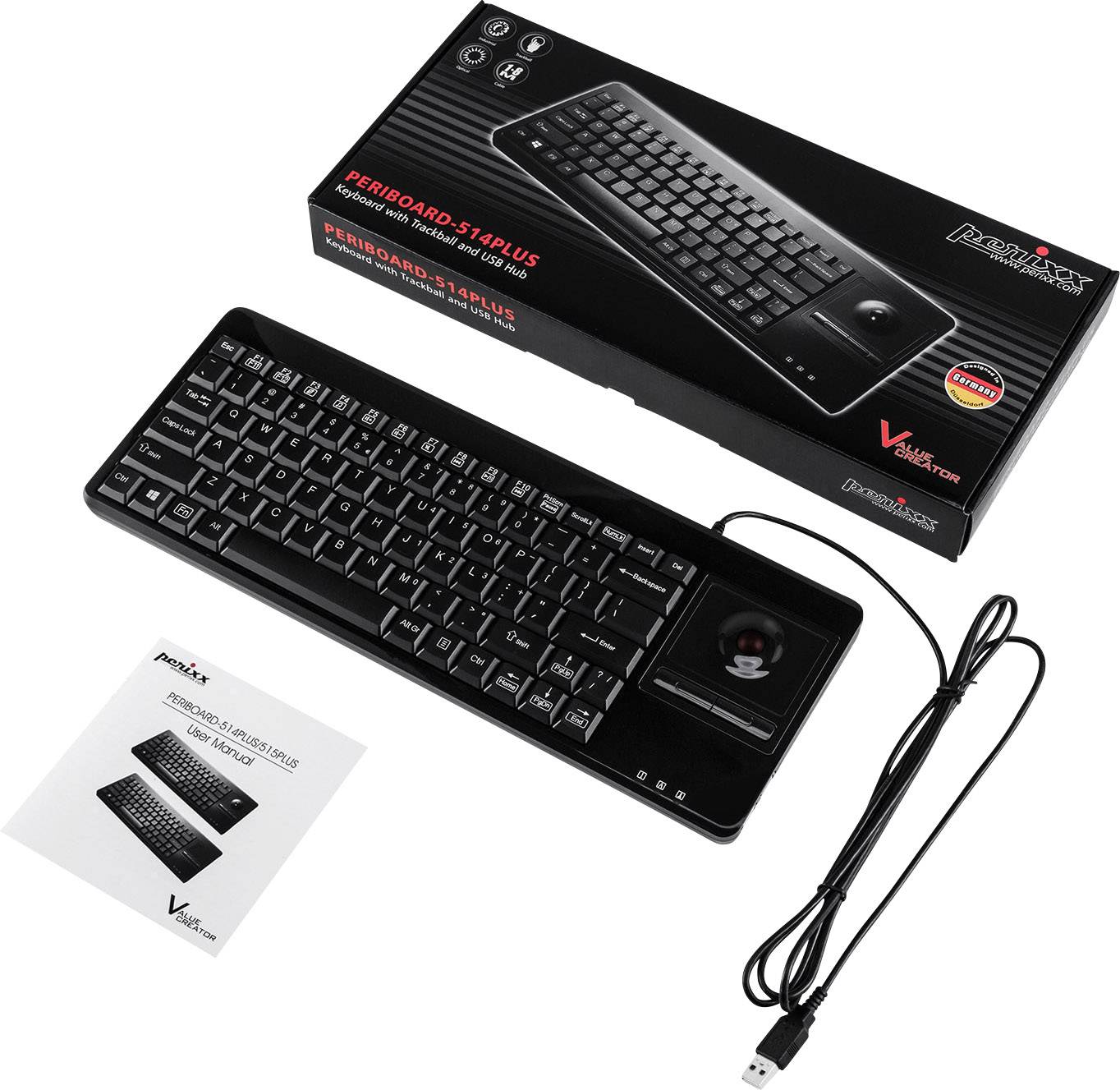 Perixx PERIBOARD-514 H PLUS USB Tastatur US-Englisch, QWERTY Schwarz Integrierter Trackball, Maustasten, USB-Anschluss