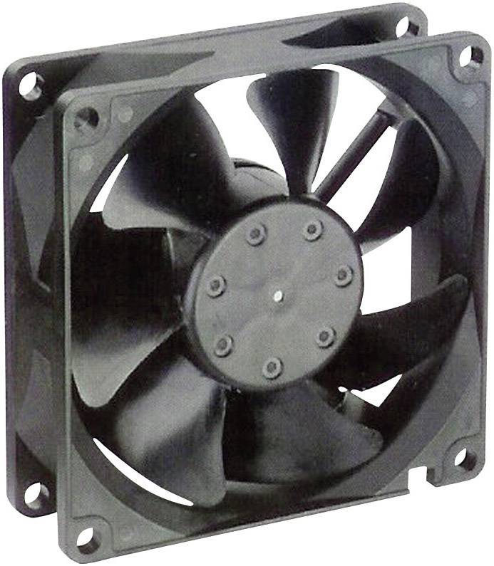 Quadratischer schwarzer Ventilator mit fünf Rotorblättern, oft verwendet zur Kühlung von Computerhardware oder elektronischen Geräten.