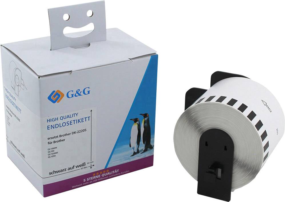 G&G Etiketten Rolle Kompatibel ersetzt Brother DK-22205 62 mm x 30.48 m Papier Weiß 1 St. Permanent haftend Universal-Etiketten 14985