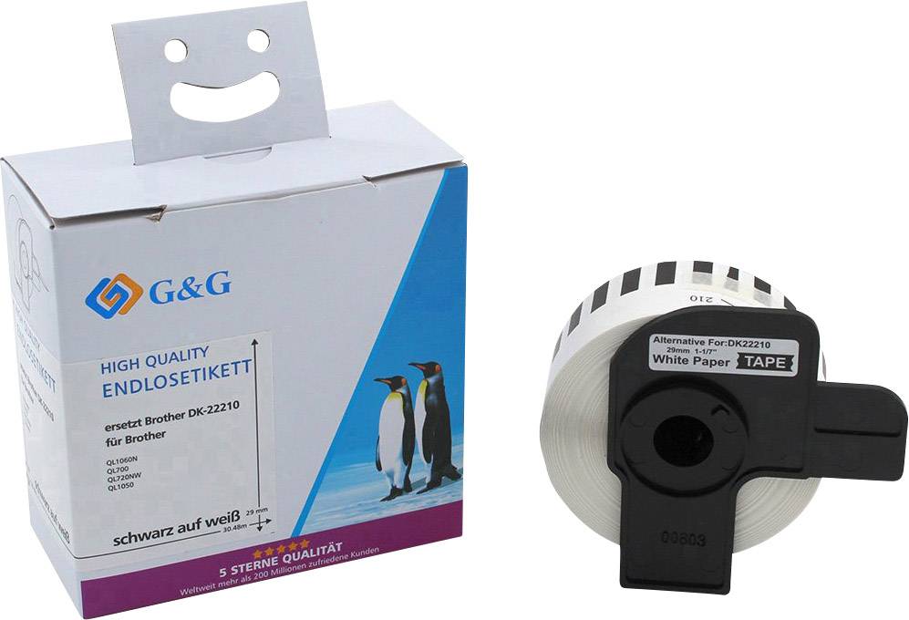 G&G Etiketten Rolle Kompatibel ersetzt Brother DK-22210 29 mm x 30.48 m Papier Weiß 1 St. Permanent haftend Universal-Etiketten 15025