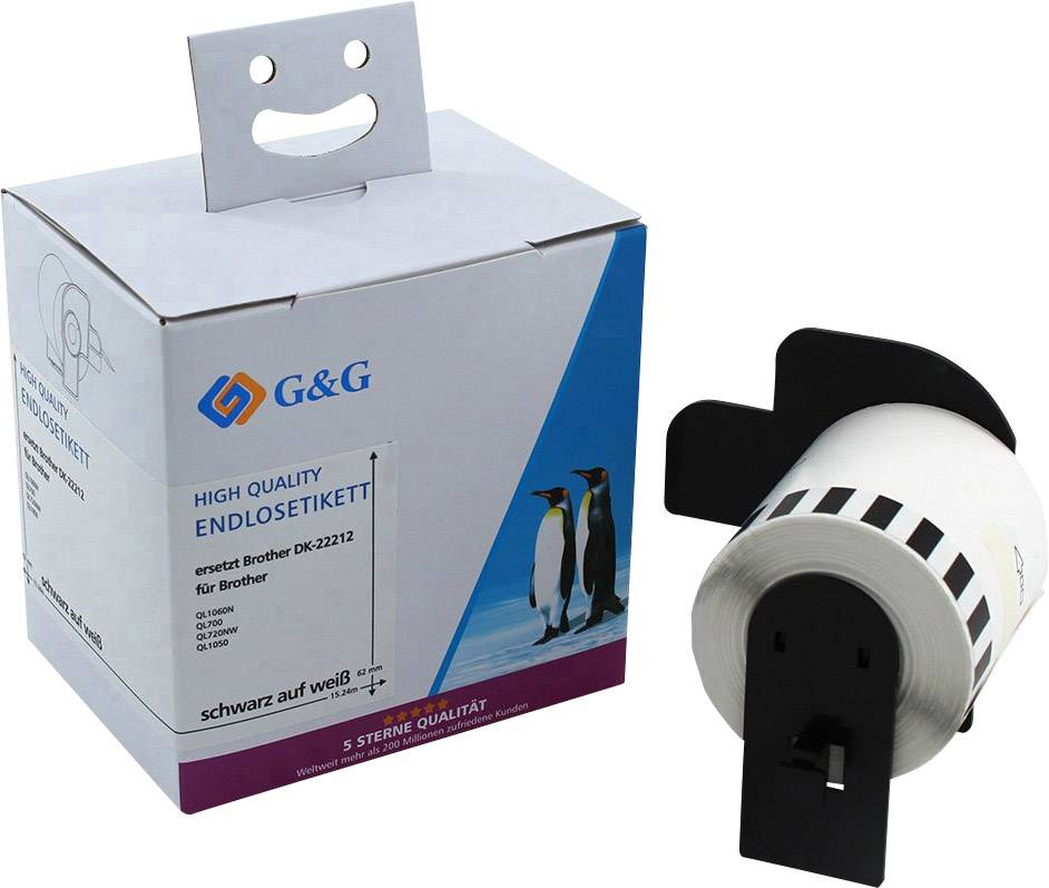 G&G Etiketten Rolle Kompatibel ersetzt Brother DK-22212 62 mm x 15.24 m Folie Weiß 1 St. Permanent haftend Universal-Etiketten 15201