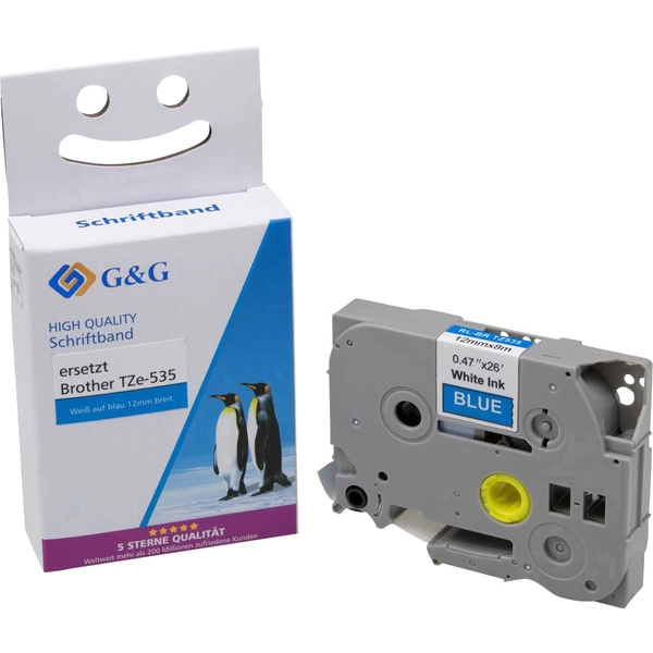 G&G Schriftband 15559 Kompatibel ersetzt Brother TZe-535 Bandfarbe: Blau Schriftfarbe: Weiß 12mm 8m G&G Schriftband 15559 Kompatibel ersetzt Brother TZe-535 Bandfarbe: Blau Schriftfarbe: Weiß 12mm 8m