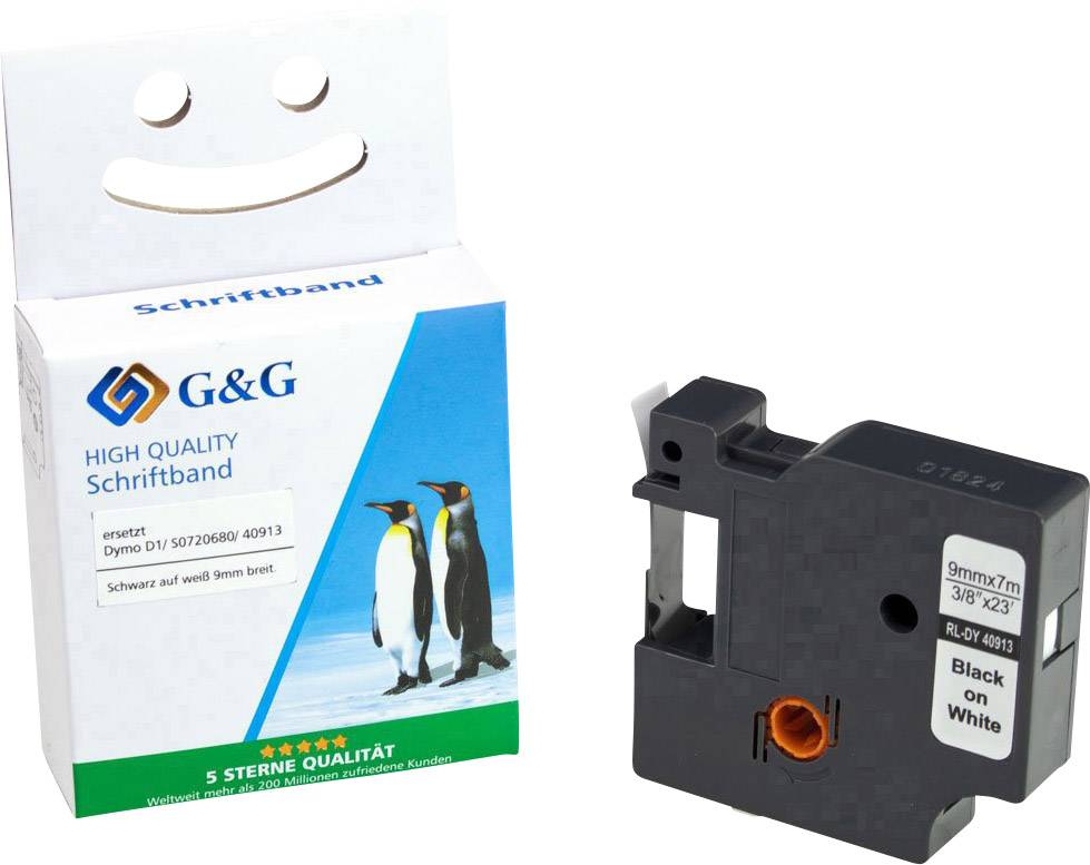G&G Schriftband 15566 Kompatibel ersetzt DYMO 40913 Bandfarbe: Weiß Schriftfarbe: Schwarz 9mm 7m