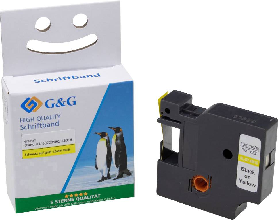 Schriftband G&G 15572 Kompatibel ersetzt DYMO 45018, S0720580 Bandfarbe: Gelb Schriftfarbe: Schwarz 12 mm 7 m
