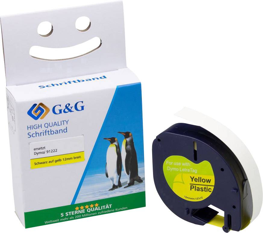 Eine Verpackung für Schriftband von G&G, 'Schwarz auf gelb 12mm breit', daneben das passende schwarze Farbband mit gelbem Etikett.