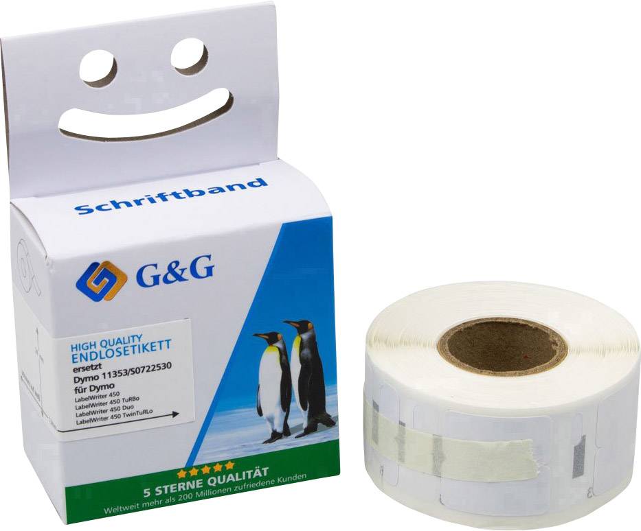 Verpackung von G&G Schriftband mit drei Pinguinen und Etikettenrolle. Text: 'Für Dymo 11353/0722530'. Enthält 450 Etiketten.