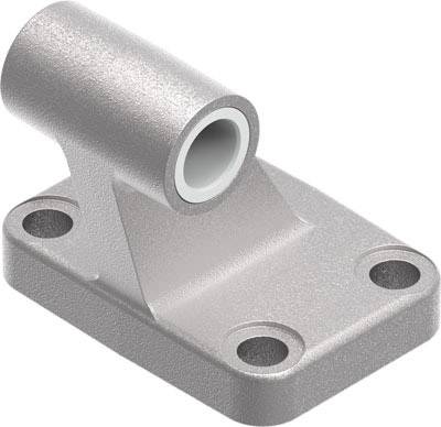 Metallhalterung mit vier Löchern zur Befestigung. Zylinderförmige Öffnung oben, geeignet für Rohr- oder Stangenmontage.