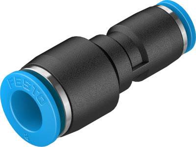 Schnellkupplung aus Kunststoff mit blauen Endkappen, geeignet für Pneumatiksysteme.