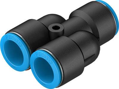 Schwarzes und blaues T-Stück-Rohrverbindungsstück aus Kunststoff für Pneumatikanwendungen.