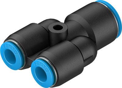 Kunststoff-Pneumatik-Schlauchverbinder mit zwei blauen Anschlüssen, in T-Form.