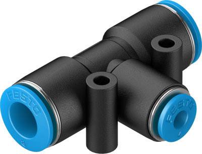 Schwarzes T-Stück-Verbindungsstück mit blauen Enden, möglicherweise für pneumatische oder hydraulische Systeme verwendet.