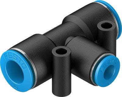 Ein schwarzes T-förmiges Verbindungsstück mit blauen Endkappen, geeignet für Pneumatik-Systeme zur Verbindung von Schläuchen.