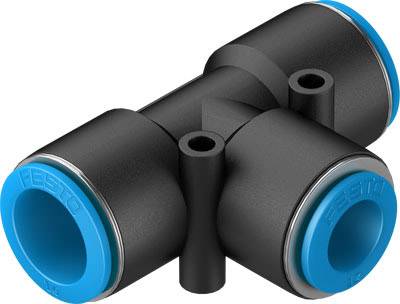 T-Stück-Verbinder aus schwarzem und blauem Kunststoff mit drei Öffnungen für Rohrleitungen, typisches pneumatisches Bauteil.