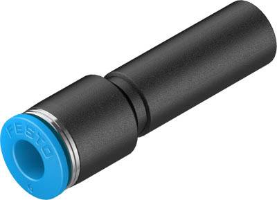 Festo Pneumatik-Steckverbinder mit schwarzem Gehäuse und blauer Dichtung, geeignet für Druckluftanwendungen in industriellen Systemen.