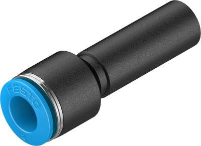 Ein Festo-Schnellsteckverbinder aus schwarzem Kunststoff mit blauer Dichtung, verwendet für Druckluftsysteme.
