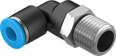 Ein pneumatischer Winkelverbinder aus schwarzem Material mit blauer Kappe und Metallgewinde. Verwendet zur Verbindung von Luftleitungen.