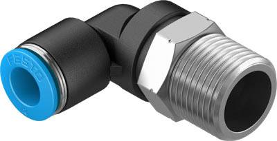Ein Winkelanschluss mit einer blauen und schwarzen Kunststoffverbindung und einem silbernen Metallgewinde. Verwendet für Pneumatiksysteme.