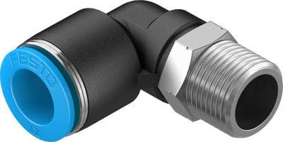 Ein Winkelstück aus Metall und Kunststoff mit einem blauen Rand an einer Seite und einem Schraubgewinde an der anderen.