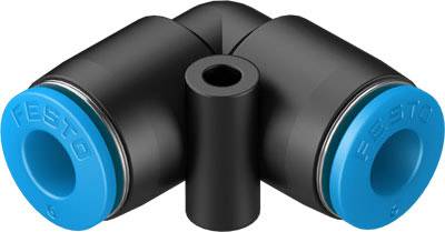 Ein schwarzes, L-förmiges Rohrverbindungsstück mit blauen Enden, das für pneumatische Systeme verwendet wird.