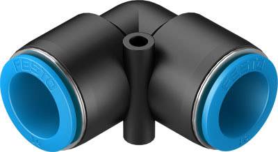 Ein schwarzes Kunststoff-T-Stück mit blauen Dichtungen an den Enden zur Verbindung von Schläuchen oder Rohren.