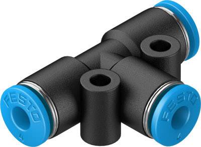T-förmiger Pneumatikanschluss aus schwarzem Material mit blauen Endkappen, benutzt zur Verbindung von Luftdruckschläuchen.