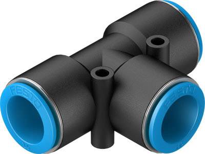 'Festo T-Schraubverbindung', Kunststoff, schwarz mit blauen Dichtungen an den Enden. Geeignet für pneumatische Anwendungen.