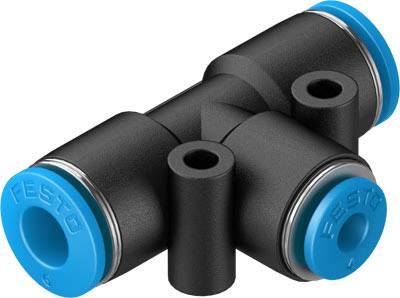 T-förmiges Pneumatik-Steckverbindungsstück aus schwarzem Kunststoff mit blauen Endkappen, verwendet für Druckluftverbindungen.