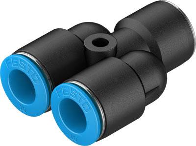 Schwarze und blaue pneumatische Steckverbindung von Festo, T-förmig, für Luftdrucksysteme, mit zwei Eingängen und einem Ausgang.