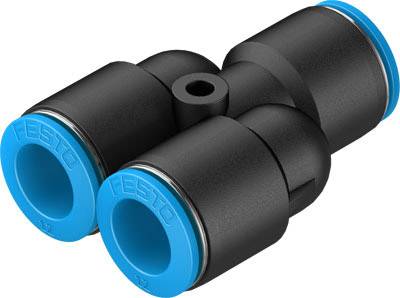 Ein pneumatischer Steckverbinder mit zwei blauen Anschlüssen und schwarzem Gehäuse, verwendet zur Verbindung von Schläuchen in Druckluftsystemen.