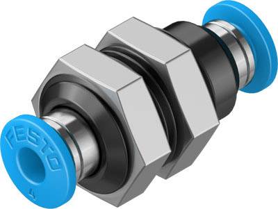 Pneumatischer Steckverbinder mit sechseckiger Mutter, blauen Kappen und schwarzem Mittelteil, für Druckluftsysteme.