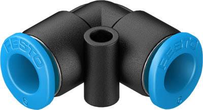 Zweiwege-Schlauchverbinder mit blauem und schwarzem Kunststoff, L-Form, geeignet für Druckluftanwendungen.